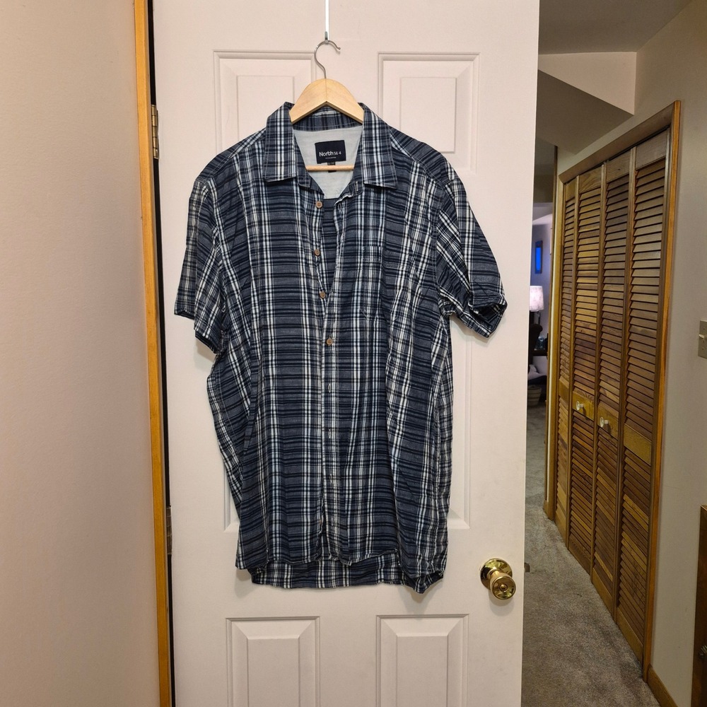 North 56 4 Mens XLT Blue Plaid Short Sleeve Button Up Cotton Shirt 91161